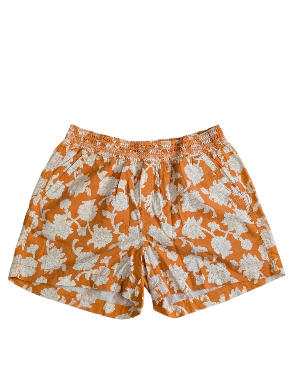 Briggs Orange/ Mustard Floral Smocked-Waist Linen Blend Shorts Size L